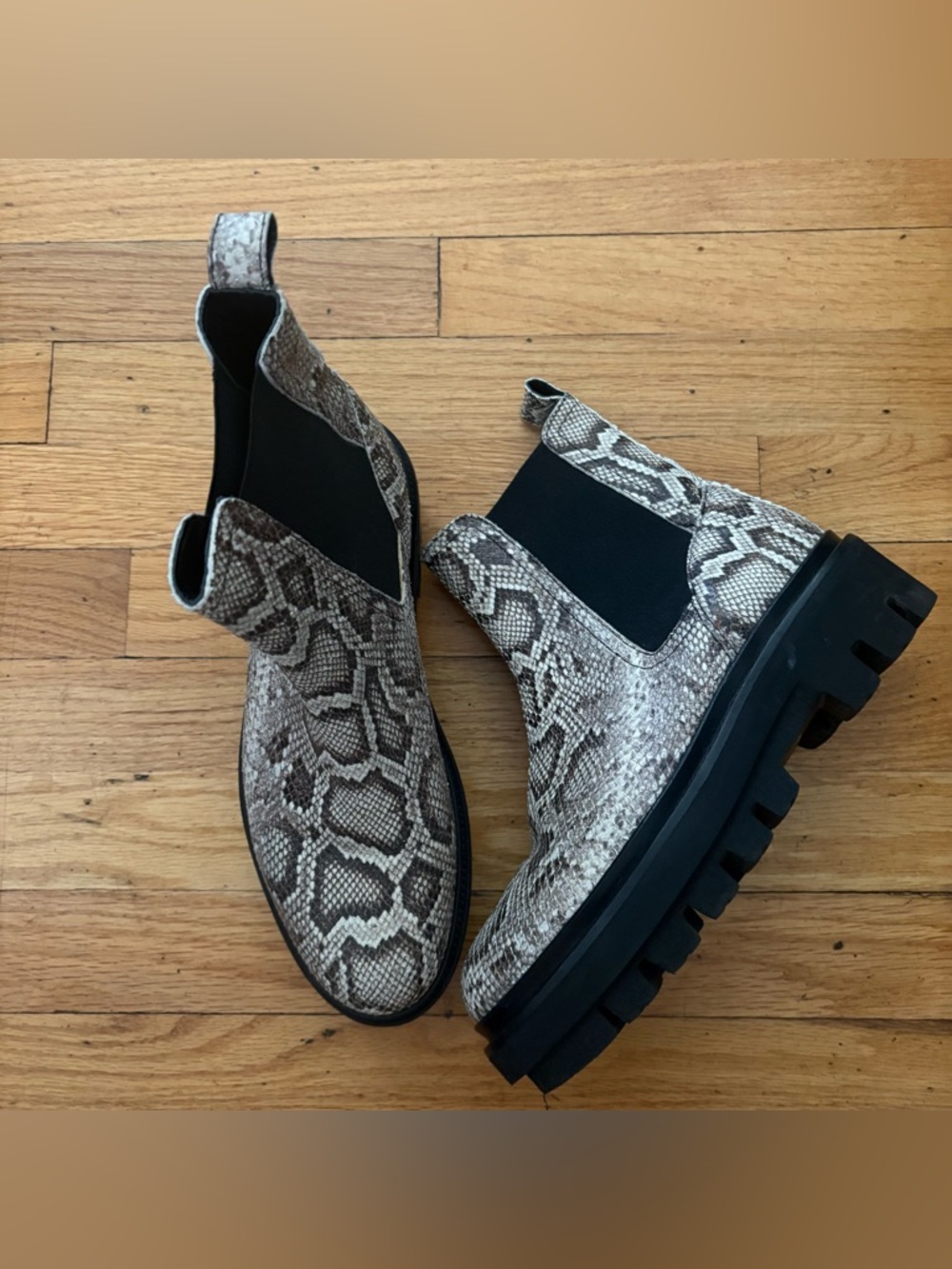 AllSaints Snake Print Leather Chelsea Boots Lug Sole Size 10